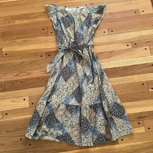 New Time & Tru Women Patchwork Blue Midi Dress Prairie Boho Short Sleeve Ruffle